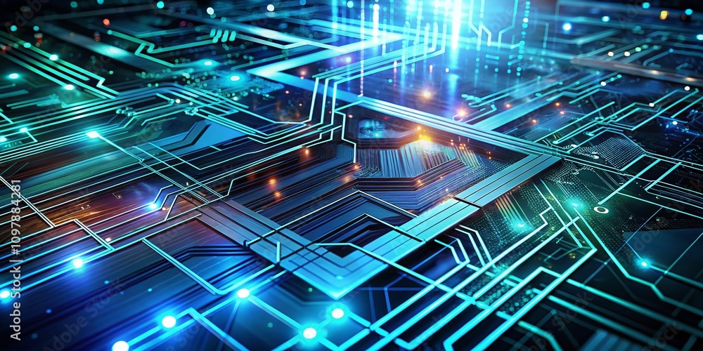 Poster futuristic high-tech circuit design with geometric patterns and lines in a dynamic digital environme