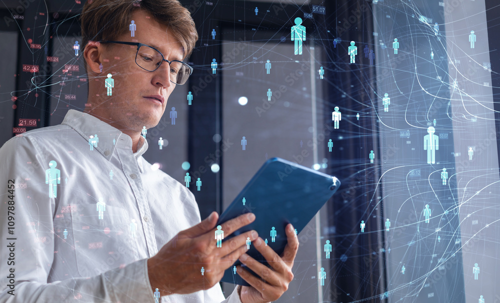 Poster man holding tablet with digital network of people icons floating