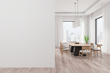 Modern dining room with blank wall and large windows overlooking city through curtains. 3D Rendering