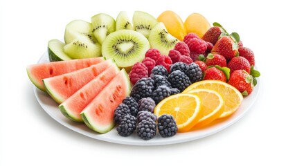 A refreshing fruit platter with a variety of sliced melons, berries, and citrus fruits