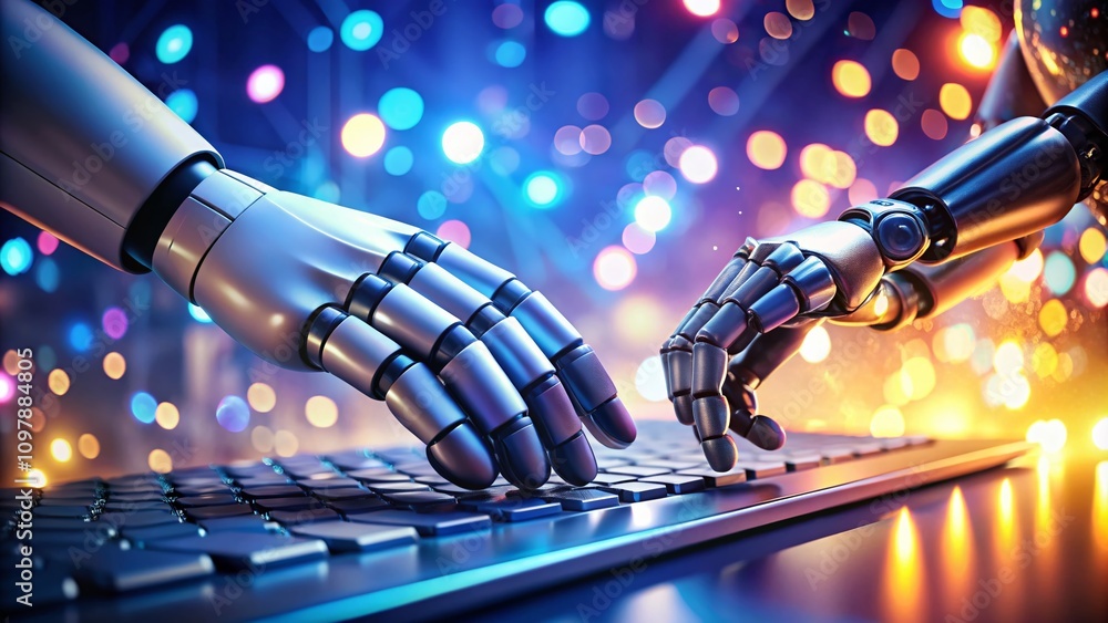 Poster futuristic robot hands typing on a keyboard surrounded by bokeh lights and high-tech elements in a m