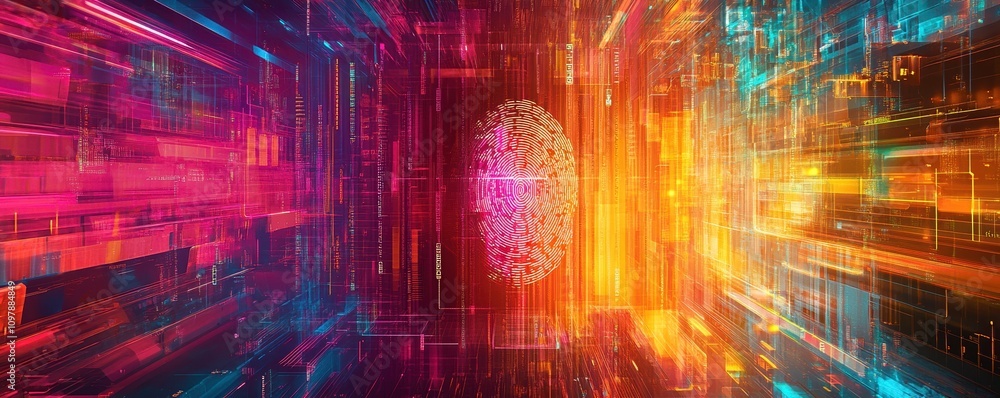 Poster digital fingerprint scanning futuristic tech high fidelity virtual environment close-up view securit