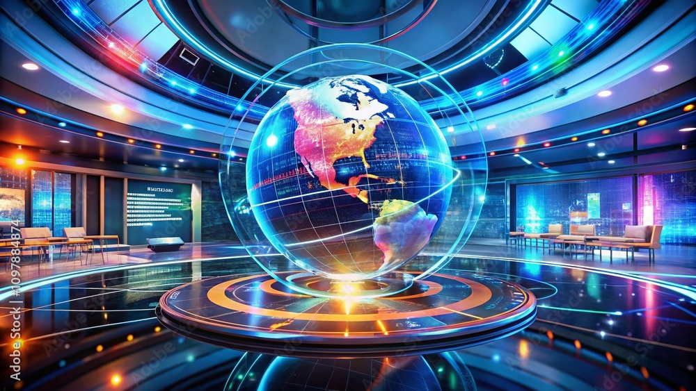 Poster futuristic rotating holographic globe symbolizing global communication and technological advancement