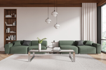 Modern living room interior with green sofas, minimalist coffee table, and wooden shelving unit. 3D Rendering