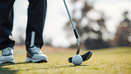 Professional golfer with prosthetic leg hitting with putter on golf ball during golfing. Concept of willpower of people with disabilities in sport