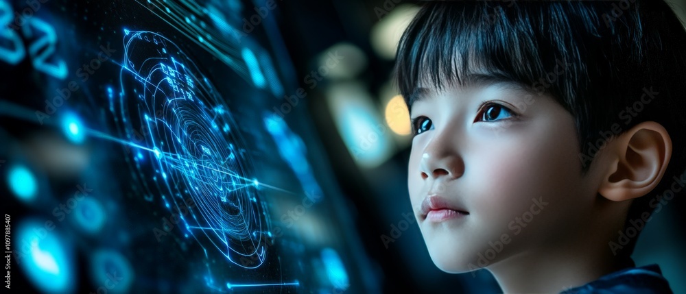 Aufkleber young boy observing a futuristic digital holographic interface in a dark environment highlighting ad