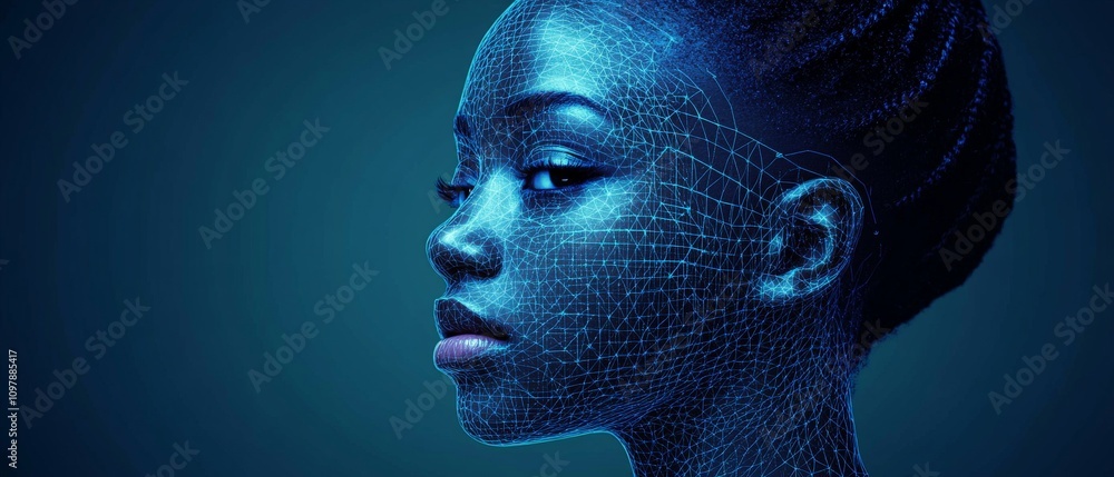 Poster young woman’s face composed of intricate digital patterns symbolizing data integration cybersecurity