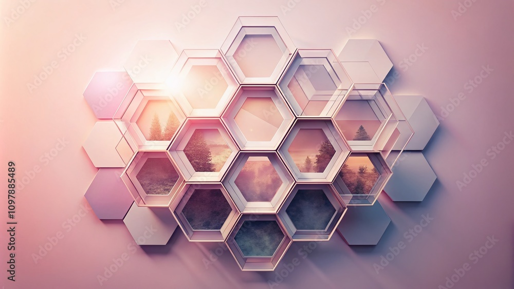 Poster geometric double exposure art featuring hexagonal shapes and shadows on a soft pink background for a
