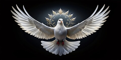 Obraz premium Generative AI Illustration of a White Dove in Double Exposure Against Ornamental Elements for International Day of Peace Celebration on a Striking Black Background