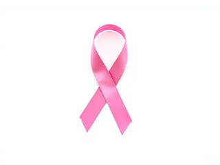 A delicate pink ribbon elegantly placed on a clean white background, symbolizing hope and support.