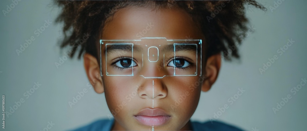 Poster young boy wearing augmented reality glasses in a futuristic setting symbolizing innovation education