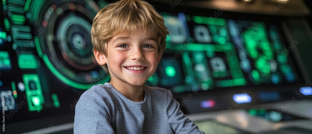 Poster smiling boy interacting with a colorful futuristic digital interface embodying themes of immersive t