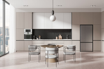 Modern kitchen with sleek cabinetry, dining table and chairs, and a large window with a city view. 3D Rendering