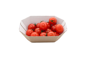 Small cherry tomatoes in a cardboard tray isolated. Cardboard packaging for food products.