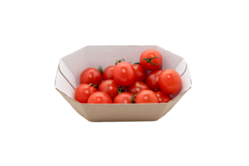 Small cherry tomatoes in a cardboard tray isolated. Cardboard packaging for food products.
