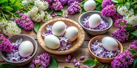 White Eggs Nestled in Blooming Purple Lilacs for Romantic Spring Decor and Easter Celebration