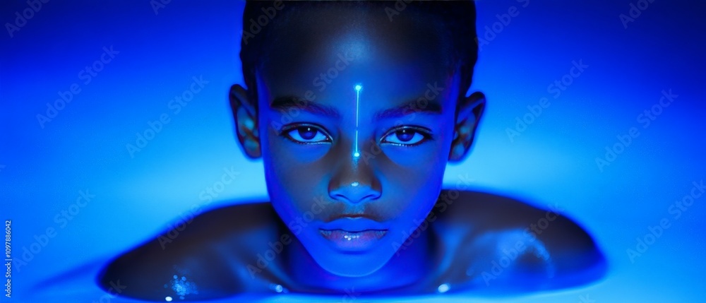 Poster profile of a young boy glowing in soft blue tones surrounded by minimalist lighting symbolizing intr