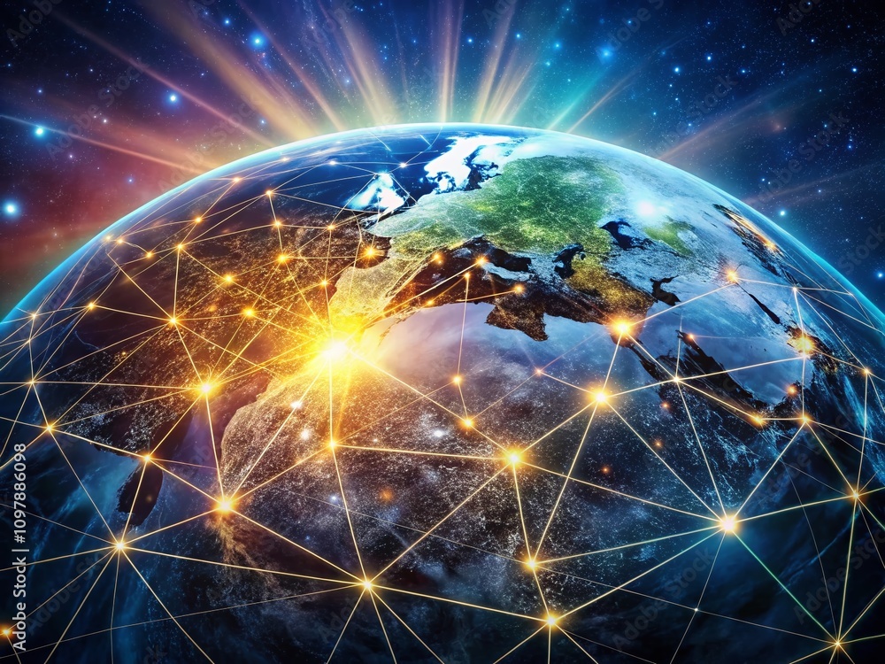 Poster global network connections illuminating earth from space with bokeh effect, showcasing bright lights