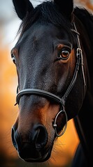 Fototapeta premium Dramatic portrait of a dark horse against a warm sunset backdrop. Generative AI