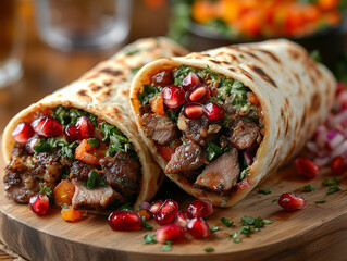 Lamb & Mint Yogurt Flatbread Wrap, Slow-cooked lamb shank, pomegranate seeds, red onion, and mint yogurt sauce in warm flatbread, Meaty, High protein but rich; pomegranate adds antioxidants