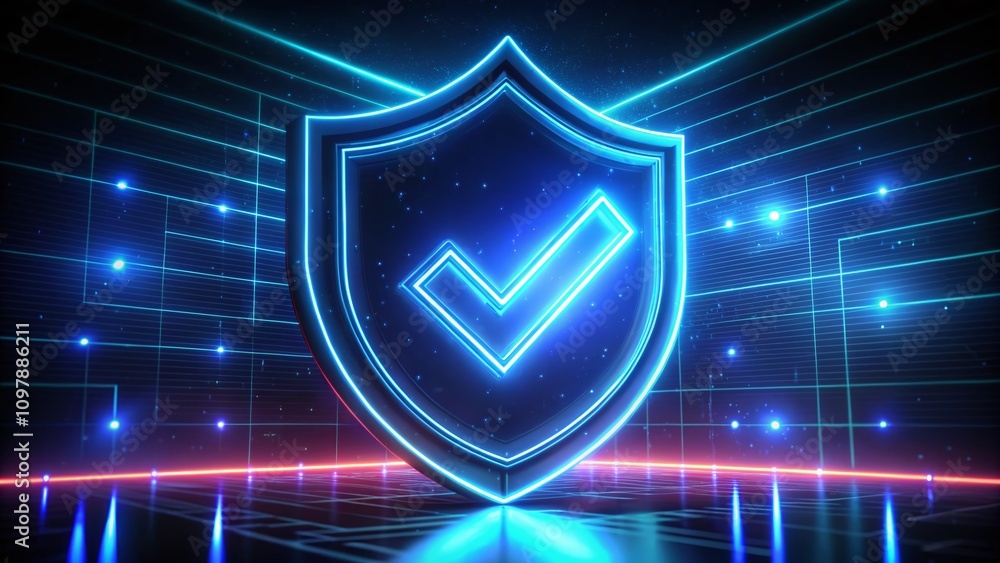 Poster glowing neon shield with check mark symbolizing security and privacy on black background for motion 