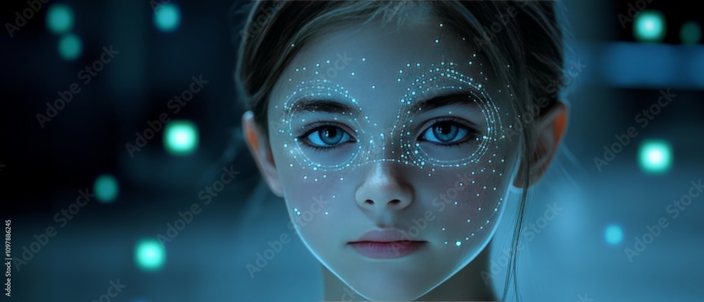 Poster portrait of a young girl with glowing patterns across her face in a teal background symbolizing data