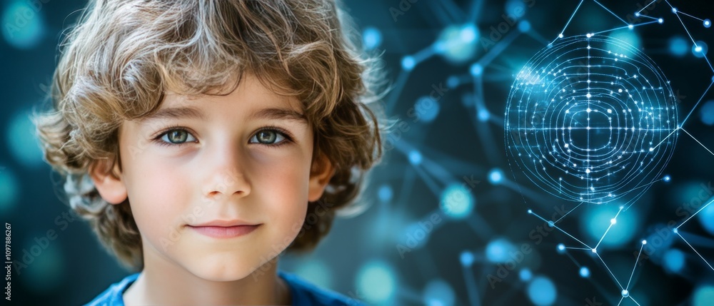 Poster young boy surrounded by glowing digital networks in shades of blue representing advanced data visual