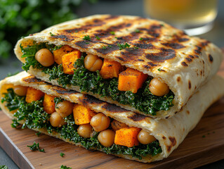 Spiced Sweet Potato & Kale Pita, Roasted sweet potato, kale, chickpeas, and a cumin-tahini drizzle in a warm pita pocket, Vegan, Nutrient-rich and plant-based