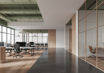 Modern office interior with an open space design, featuring large windows, minimalist furniture, and glass partitions. Bright and spacious atmosphere. 3D Rendering