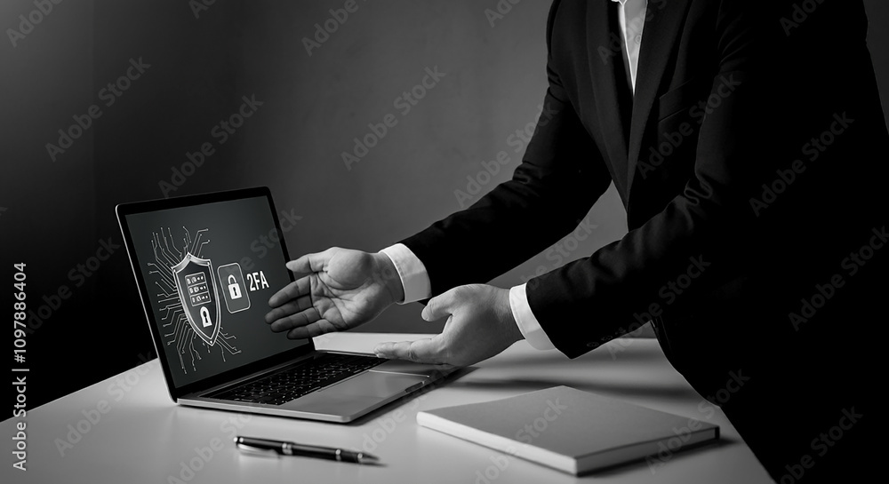 Poster cybersecurity two-factor authentication. individual utilizing a laptop with a digital screen that sh