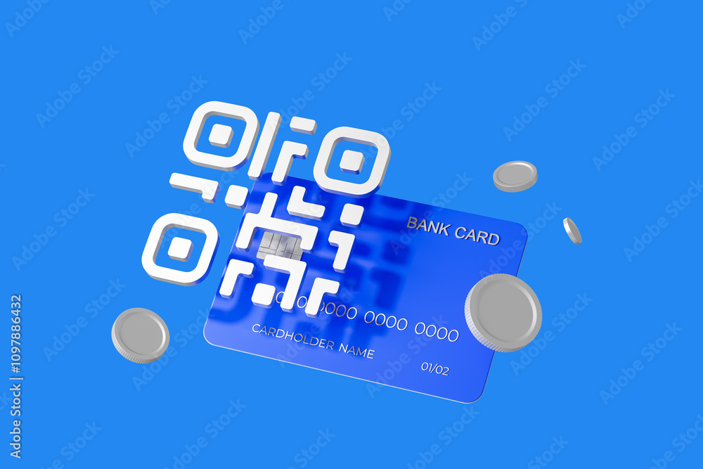 Poster 3d rendering of a qr code floating above a bank card with coins on a blue background representing di