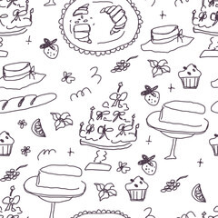 seamless pattern with cakes, pastries icons sketch. Creative naive design for cafe menu with drawn doodle elements.Template for Notebook covers, pattern for wallpapers, textile, wrapping paper.