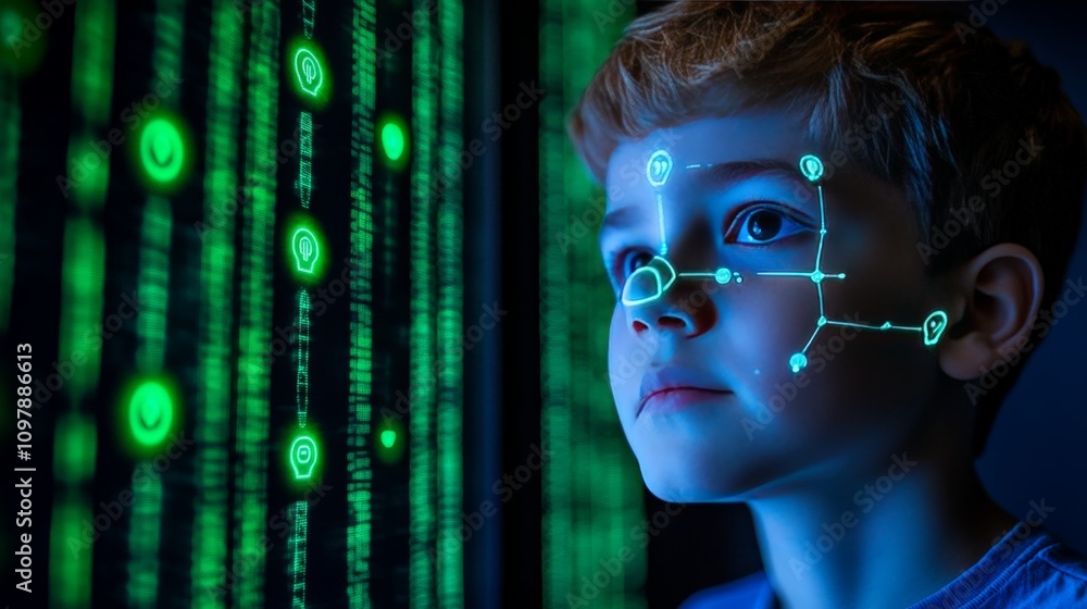 Poster young boy surrounded by glowing matrix style digital data streams in shades of green representing fu