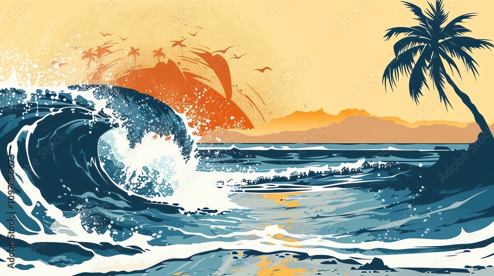 Poster sunset over the ocean with a wave crashing on the shore and palm trees in the background.