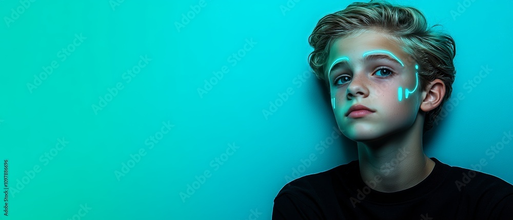 Poster close up portrait of a young boy in glowing teal light symbolizing introspection calmness and futuri
