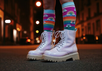 Skinny legs wearing knee-high striped rainbow embroidered clouds designer socks and iridescent pearl white chunky combat boots standing in middle of paved street at night