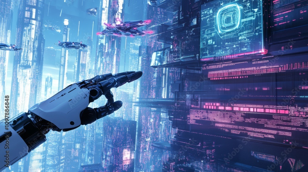 Poster a white robotic hand reaches towards a digital screen in a futuristic city filled with data streams 