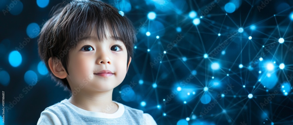 Poster young boy surrounded by glowing blue nodes and data streams representing digital connectivity ai sys