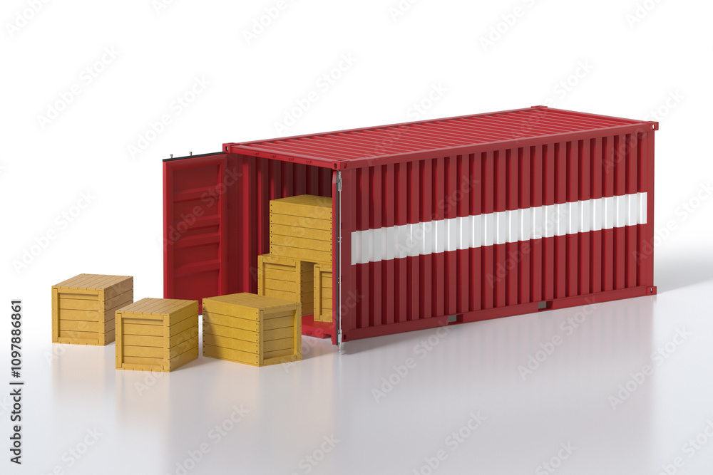 Aufkleber cargo container with latvia flag being unloaded with wooden crates on white background