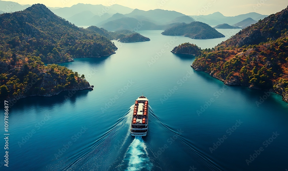 Poster a serene view of a boat navigating through calm waters surrounded by lush hills.