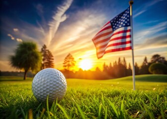 Obraz premium Golf Ball on Lush Green Course with American Flag in Background, Emphasizing Patriotism and Sport, Perfect for Golf Enthusiasts and National Pride Imagery