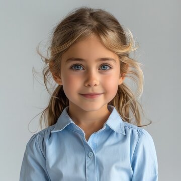 a 6 year old schoolgirl wearing a long sleeve button down blue shirt, She has shoulder-length blonde hair tied back in a neat hight ponytail.