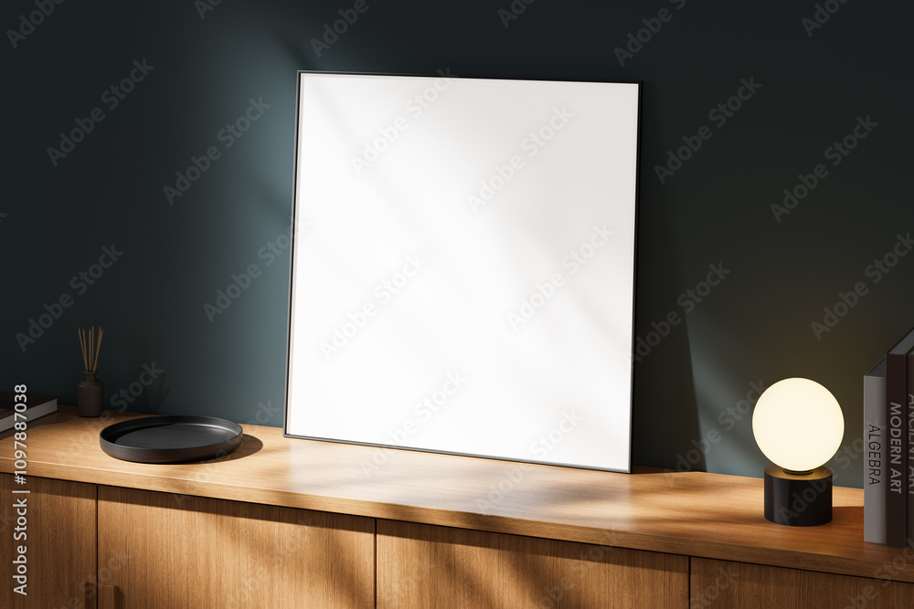 Poster square frame mockup on wooden countertop with lamp and decor items in cozy modern setting. 3d render