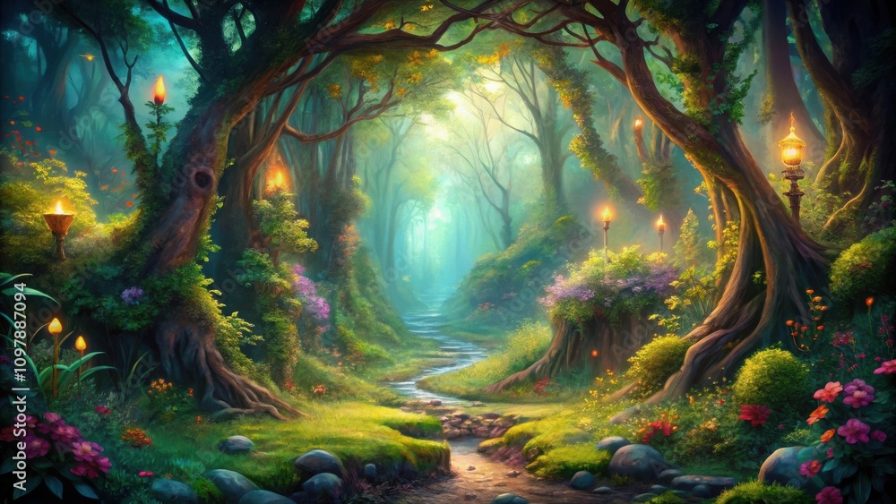 Poster a mystical path through a luminous forest, where ancient trees stand tall, and golden lanterns illum