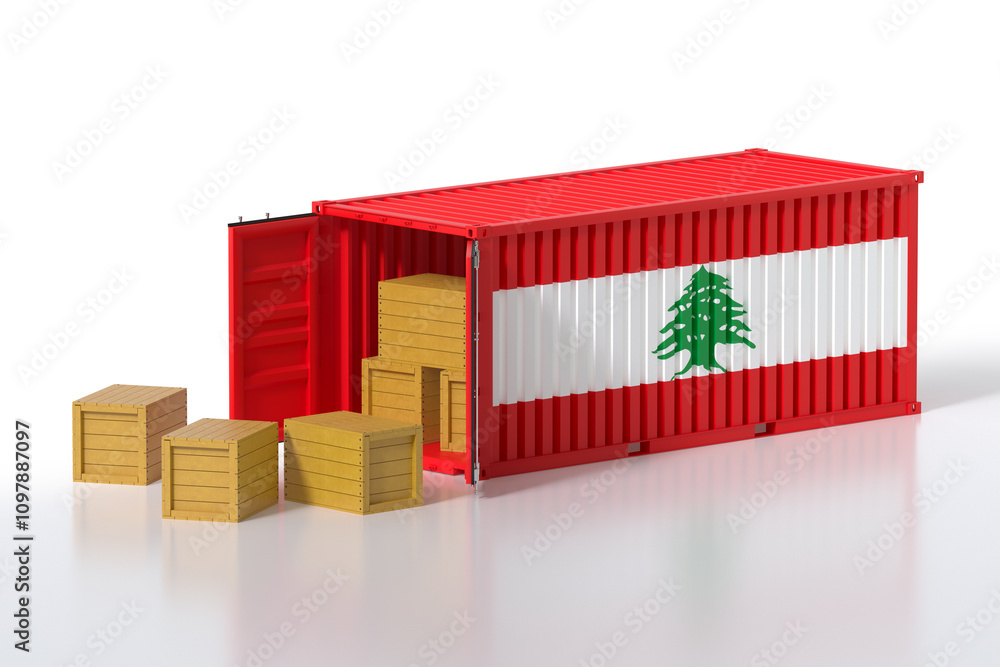 Poster cargo container with lebanon flag being unloaded with wooden crates on white background