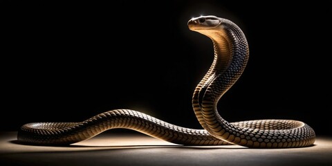 Obraz premium Abstract Line Drawing of a Standing Cobra in Low Light Photography, Captivating Shadows and Shapes, Serpent Art, Minimalist Design, Artistic Representation of Nature's Beauty, Exotic Wildlife