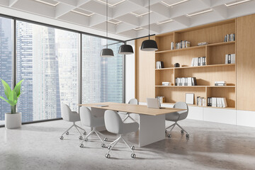 Modern office interior with wooden shelves, a meeting table, and large windows showing cityscape. 3D Rendering