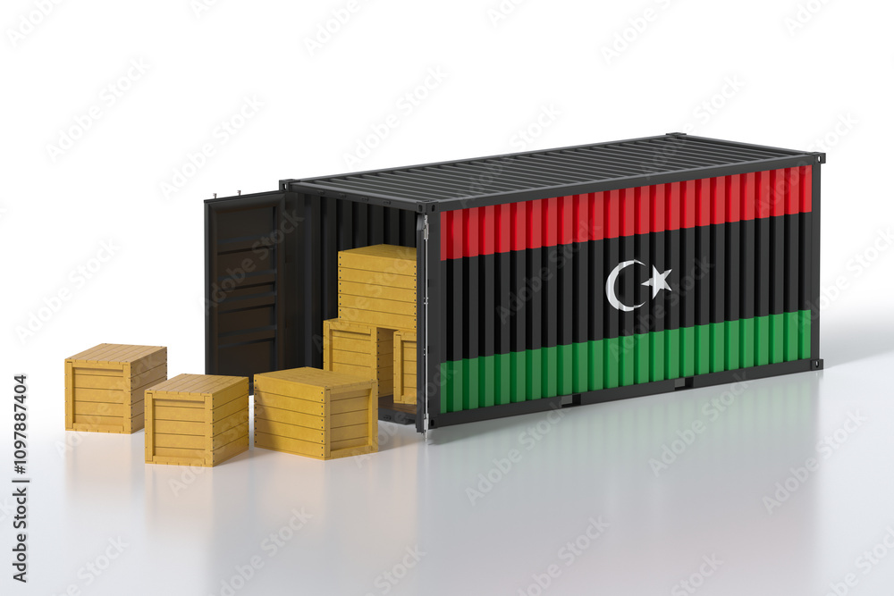 Poster cargo container with libya flag being unloaded with wooden crates on white background
