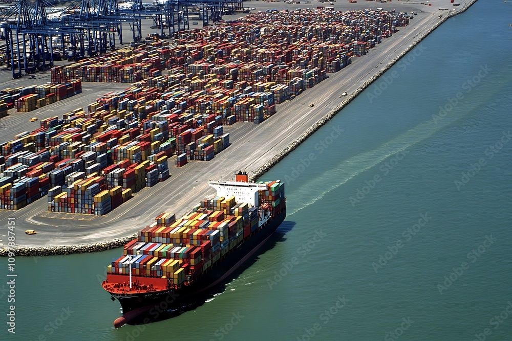 Poster a cargo ship navigates through a busy port filled with stacked shipping containers.