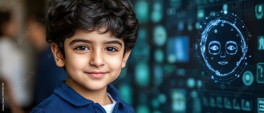 Poster smiling young boy standing before a glowing cyber screen with facial mapping graphics symbolizing te